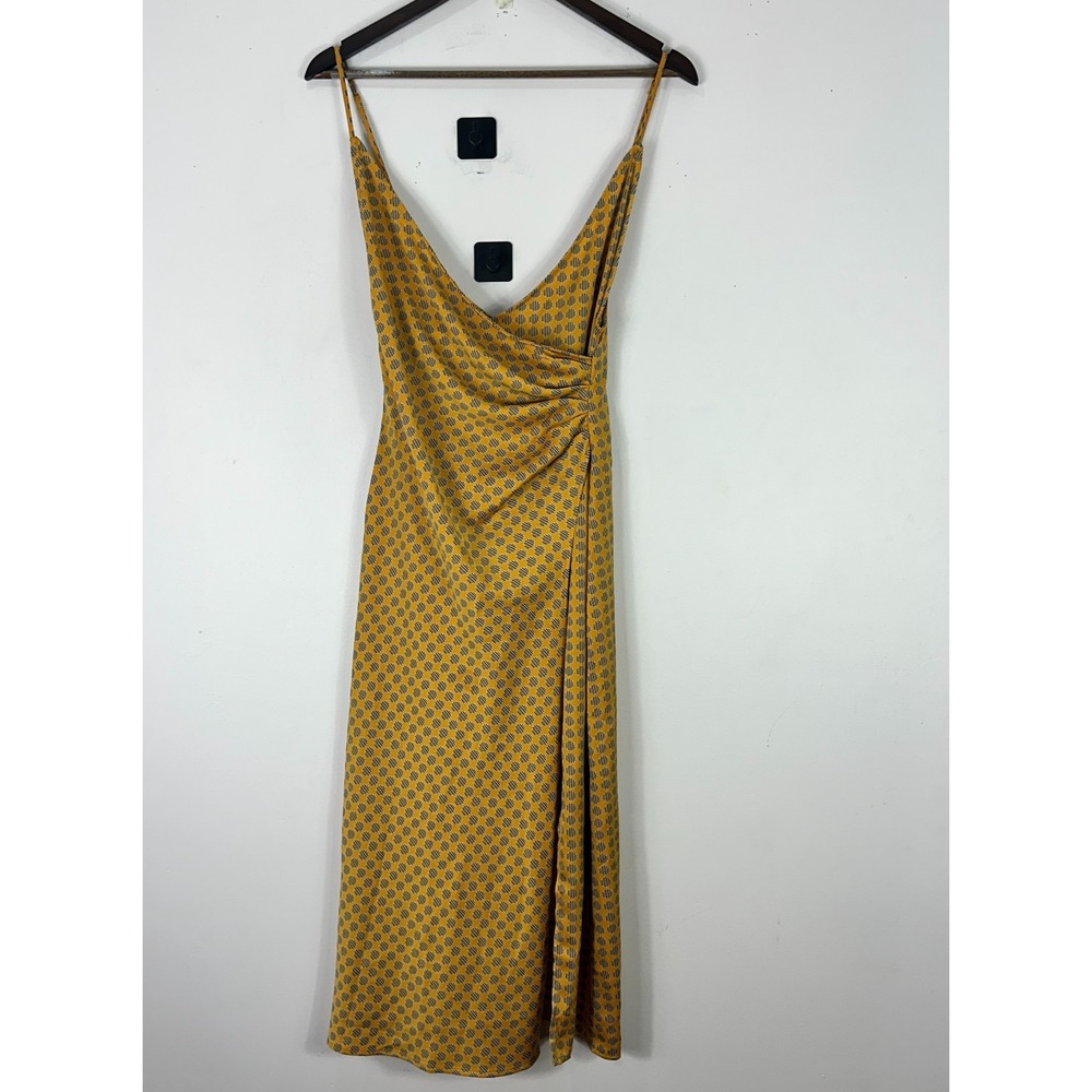 Urban Outfitters Ruched Wrap Midi Dress Small Yellow Polka Dot Indie Retro 90s